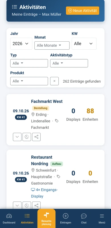 Aktions Tracker auf dem Smartphone: Aktivitätenliste mit Filtern und Einträgen samt Datum, Verkaufsstelle, Aktivitätstyp, Displays und Einheiten
