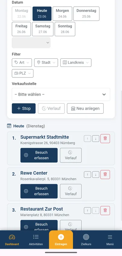 Aktions Tracker Tagesplan für Außendienst-Mitarbeiter mit sortierten, abhakbaren Stationen