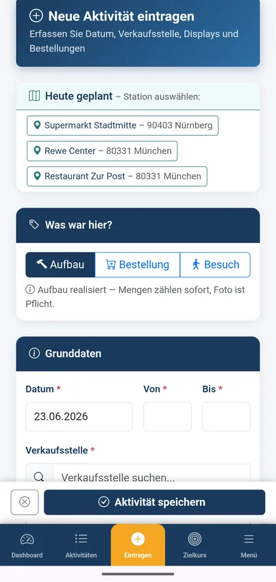 Aktions Tracker Eingabemaske für Aufbau, Bestellung oder Besuch – in 60 Sekunden erledigt