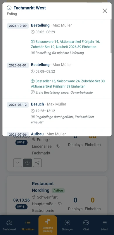 Aktions Tracker auf dem Smartphone: Verlauf einer Verkaufsstelle mit früheren Bestellungen, Besuchen und Aufbauten samt Datum, Uhrzeit und Notiz